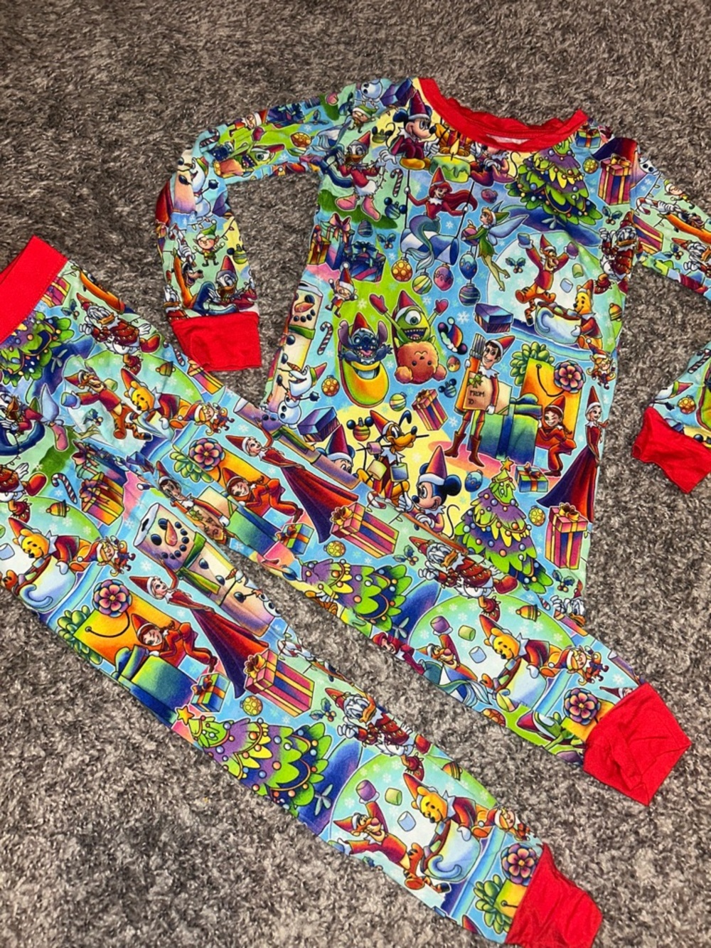 Luxe Bright Multicolor Holiday Character Pajama Set bamboo zippie with Red Trim